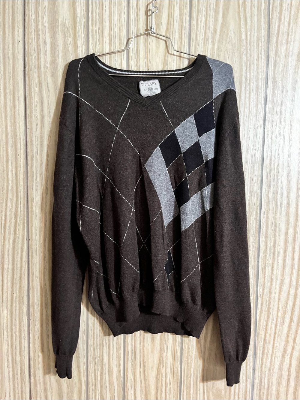 Wolsey Heritage Argyle V-Neck Knit Sweater Merino Wool Blend Size L / G Brow